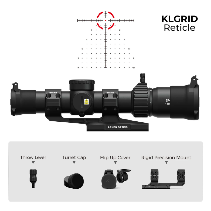 ARKEN EP-8 1-8x28 FFP LPVO avec Scope Mount - Illuminated KLGRID - 34mm Tube